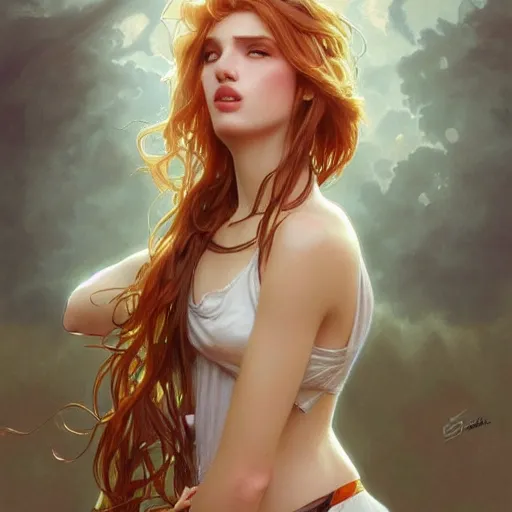 Image similar to ultra realistic illustration, bella thorne, pouting, intricate, elegant, highly detailed, digital painting, artstation, concept art, smooth, sharp focus, illustration, art by artgerm and greg rutkowski and alphonse mucha