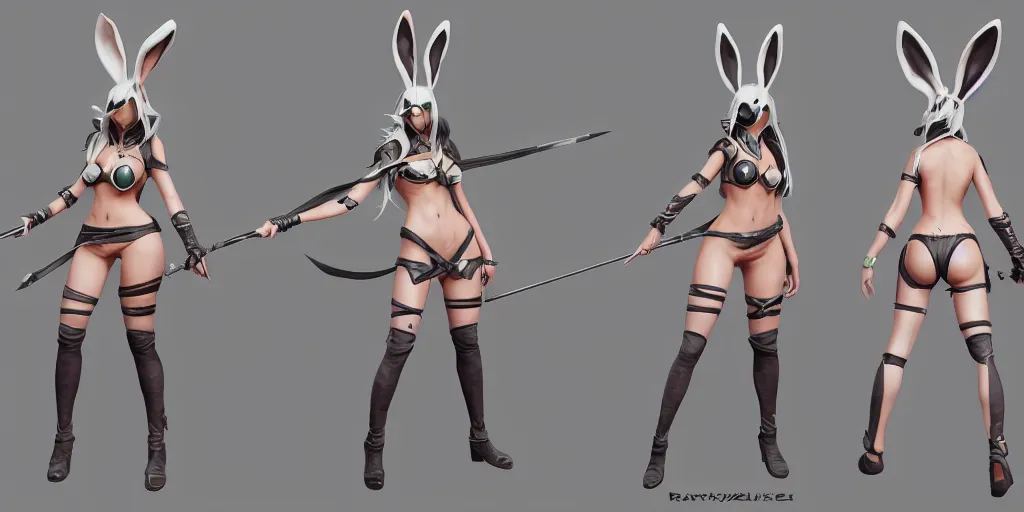 Image similar to character sheet of battle bunny akali (League of Legends). 3d render, octane render, iRay, ray tracing, realistic, highly detailed, trending on artstation, 4k, cgsociety, unreal engine 5, redshift render, blender cycles, behance, cg