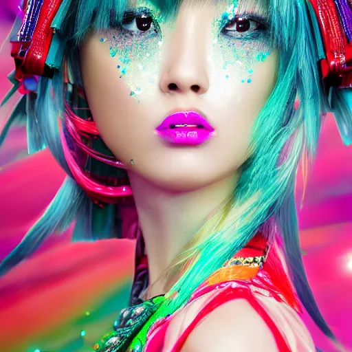 Image similar to japanese model with maximalist hair style and makeup, bright colors, fashion model, portrait shot, glitter, depth of field, 8 k, hyper detailed, intricate, trending on artstation