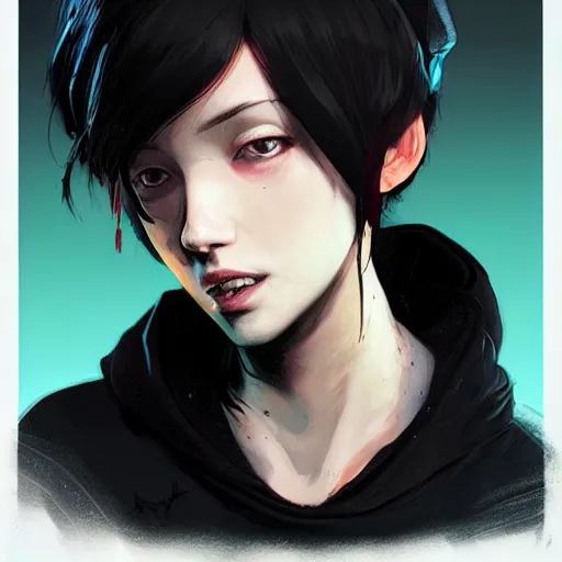 Prompt: a pale skinny white young girl with black hair, the hime cut, 1 8, in a black hoodie, and a cat, apex legends character, digital illustration portrait design, by android jones and greg rutkowski, retrowave color scheme, detailed, cinematic lighting, wide angle action dynamic portrait