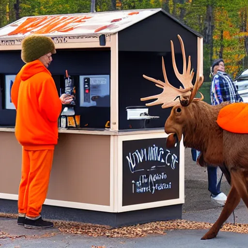 Prompt: a moose with an orange hoodie and antlers selling coffee at a stand in peterborough new hampshire, realistic, 8 k