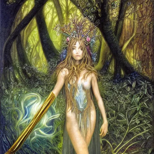 Image similar to fey queen of the summer forest, dress of leaves, fine features, holding a golden scepter, thin, young, silver shimmering hair, by brian froud, dusk scene, night colors, oil on canvas, oil panting