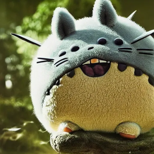 Prompt: real life totoro, cute!!!, happy!!!, chunky!!!, content!!!, mischievous!!!, adorable!!!, fluffy!!!, ultra realistic!!!, golden hour, sharp focus