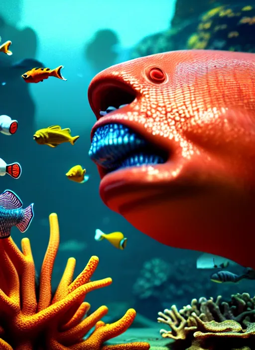 Image similar to hyperrealism, detailed textures, photorealistic 3 d render, an underwater scene with brightly coloured fish smoking cigars, brightly coloured coral, ultra realistic, ultra high pixel detail, cinematic, intricate, cinematic light, octane render, concept art, illustration, art station, unreal engine 8 k