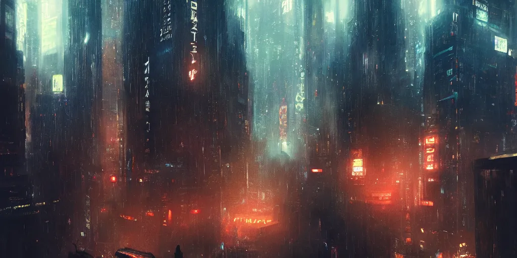 Prompt: bladerunner city, Makoto Shinkai, filmed, trending on ArtStation, oppressive lighting, trending on artstation, very detailed