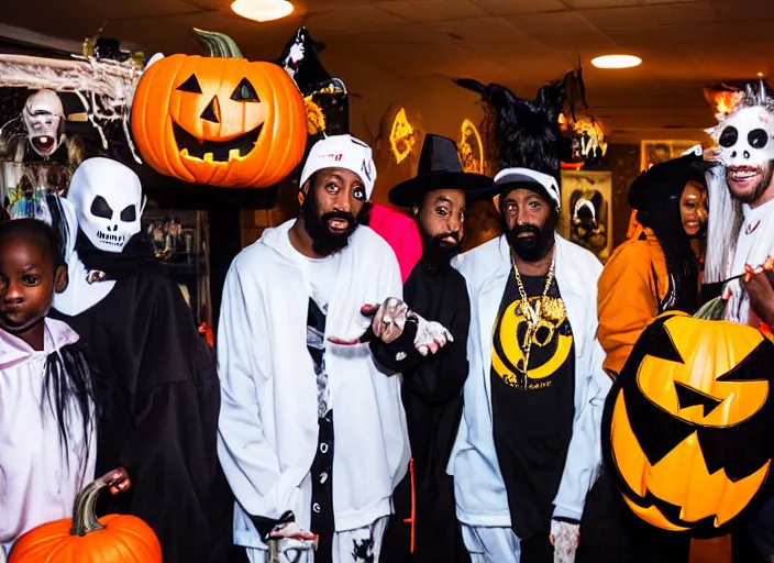 Prompt: dslr photo still of odb of wu tang clan trick or treating on halloween, 4 k, 1 2 0 mm f 1 6