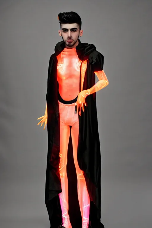 Image similar to full-body baroque and cyberpunk style neon statue of a attractive pale Zayn Malik as a humanoid diety wearing a thin see-through plastic hooded cloak sim roupa, posing like a superhero, glowing peach face, crown of pink lasers, large diamonds, swirling black silk fabric. futuristic elements. oozing glowing liquid, full-length view. space robots. human skulls. throne made of bones, intricate artwork by caravaggio. Trending on artstation, octane render, cinematic lighting from the right, hyper realism, octane render, 8k, depth of field, 3D