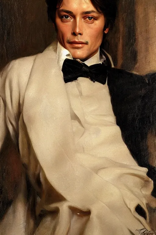 Prompt: portrait en buste alain delon by mark arian, by hughes merle, by pierre auguste cot, perfectly detailed eyes oil on canvas, masterpiece, realism,