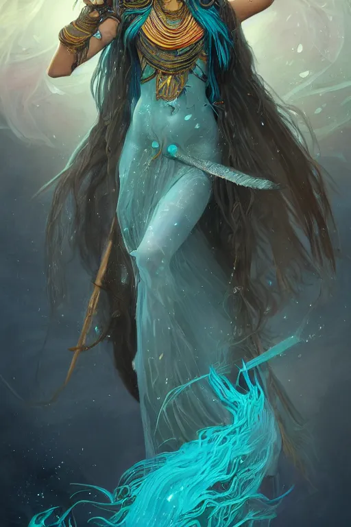 Image similar to beautiful wizard female with teal skin, full body shot, long hair made of seaweeds, egyptian clothing, with a wooden stuff, d & d, fantasy, intricate, elegant, highly detailed, digital painting, artstation, concept art, matte, sharp focus, illustration, hearthstone, art by artgerm and greg rutkowski and alphonse mucha