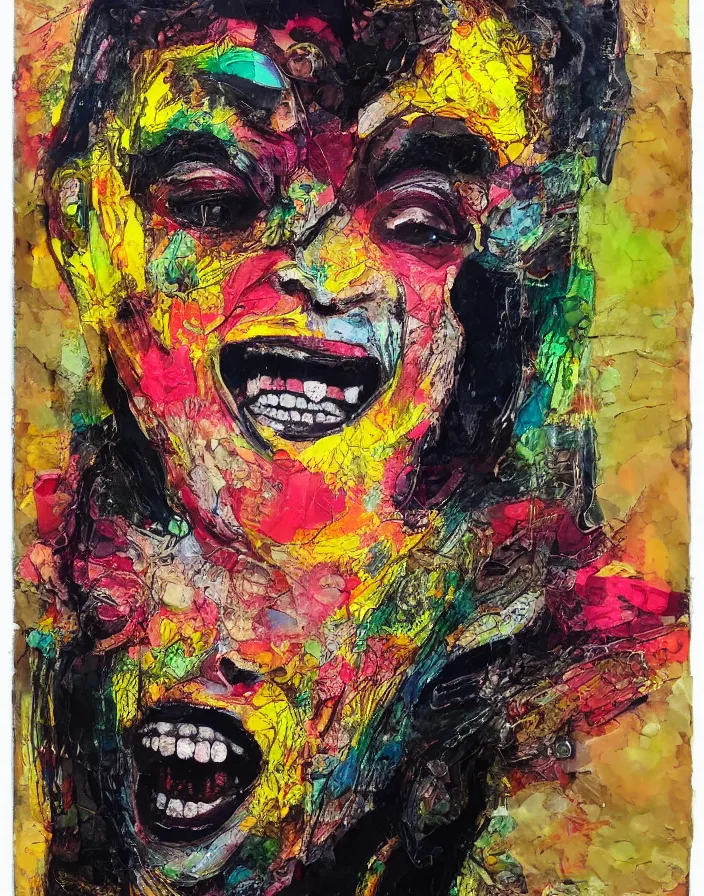 Prompt: bright laughing fear detailed analogue mixed media collage with canvas texture in style of contemporary art, punk art, hyperrealistic beautiful face, photorealistic, expressionism, masterpiece, perfect composition, spectacular quality, intricate oil details