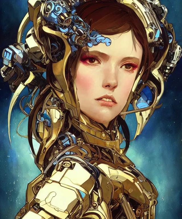 Image similar to fantasy magic portrait of a humanoid mecha cyberpunk! goddess art by artgerm and greg rutkowski and alphonse mucha, rule of thirds, golden ratio, Art Nouveau cyberpunk! style, mechanical accents!, mecha plate armor,long hair, fantasy, intricate, elegant, highly detailed, digital painting, artstation, concept art, smooth, sharp focus, flowing wires with leaves, rich deep moody colors