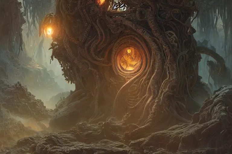 Image similar to a lovecraftian painting of a demonic portal, cosmic horror elements, ultra realistic, concept art, intricate details, eerie, highly detailed, photorealistic, octane render, 8 k, unreal engine. art by artgerm and greg rutkowski and alphonse mucha