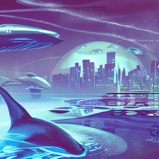 Image similar to an alien dolphin city, sci-fi digital art illustration,