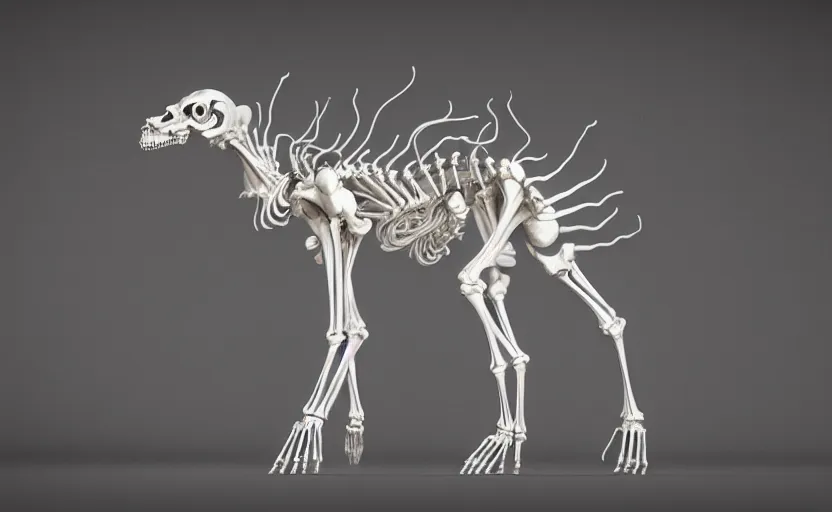 Image similar to stylized shiny polished silver statue full body extra limbs bizarre cosmic horror quadruped animal ( skeleton ) four legs made of marble of slug creature tendrils, perfect symmetrical body, perfect symmetrical face, hyper realistic, hyper detailed, by johannen voss, by michelangelo, octane render, blender, 8 k, displayed in pure white studio room