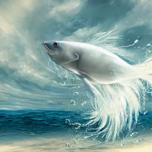 Prompt: a large white - blue aquatic animal jumping out of the water, a digital rendering by maki haku, trending on deviantart, rayonism, hyper - realistic, photorealistic, hyper realism.