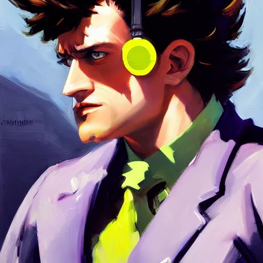 Image similar to greg manchess portrait painting of spike spiegel as overwatch character, totally whack, medium shot, asymmetrical, profile picture, organic painting, sunny day, matte painting, bold shapes, hard edges, street art, trending on artstation, by huang guangjian and gil elvgren and sachin teng