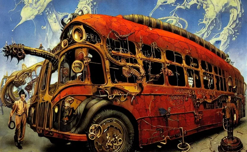 Prompt: cthulhu devouring a steampunk school bus. highly detailed science fiction painting by norman rockwell, frank frazetta, and syd mead. rich colors, high contrast, gloomy atmosphere, dark background. trending on artstation