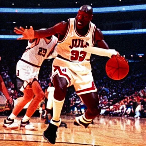 Image similar to frodo baggins blocking michael jordan, nba