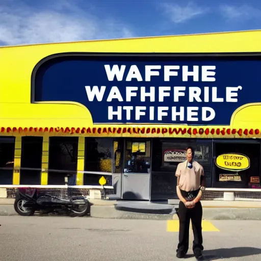 Image similar to wafflehouse employee's standing below wafflehouse sign, employees uniform is blue and black with yellow name tags