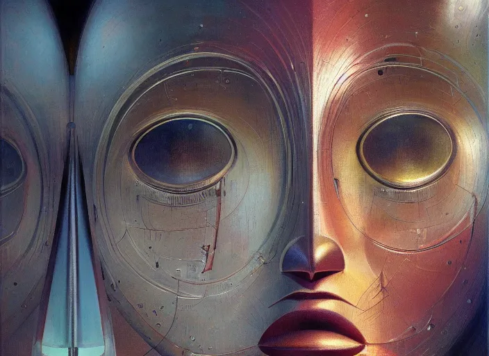 Image similar to asymmetrical portrait headshot of sci fi metallic human, bright eyes, melancholic complex geometric figure liminal biomechanical by oskar schlemmer, moebius, john berkey, film grain, oil on canvas, portrait facial head, featured on artstation, hd wallpaper, 8 k, bright colors, global radiant light