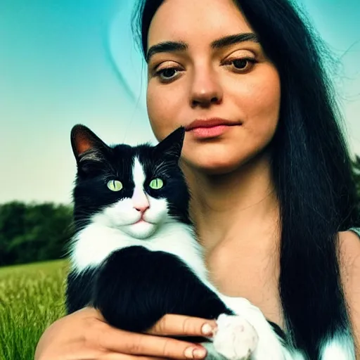 Image similar to a woman with long dark hair holding a cat in her arm standing on steps in a field at night, a hologram by kusama, instagram, optical illusion, full body, ultra hd, neon, pexels contest winner, high quality photo, rtx, hd, shiny eyes