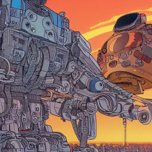 Image similar to hyper detailed comic illustration close up of a young explorer wearing a cyberpunk headpiece sitting on the head of a giant robot watching the sunset in the distance, by Josan Gonzalez and Geof Darrow, highly detailed, 8k wallpaper