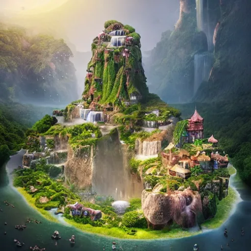 Image similar to waterfall village, by benoit mandelbrot, filip hodas, vincent callebaut, and mike campau