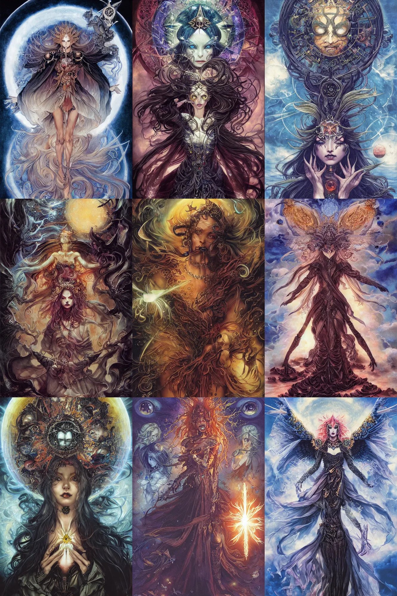 Prompt: majora witch, summoning a black sun, crystal shards, god rays, artstyle by Ayami Kojima, Amano, Charlie Bowater, Karol Bak, Greg Hildebrandt, Jean Delville, and Mark Brooks, occult