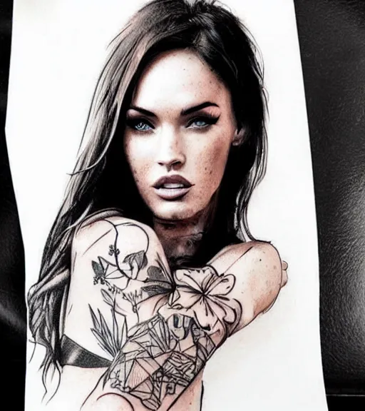 Image similar to double exposure effect tattoo design sketch of megan fox with beautiful mountain scenery, realism tattoo, in the style of matteo pasqualin, amazing detail, sharp