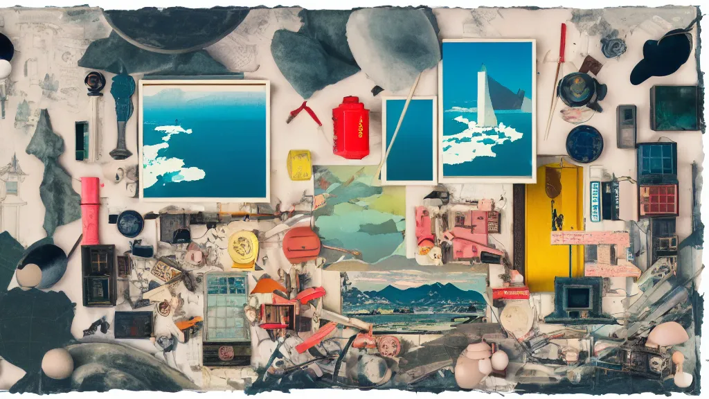 Image similar to an arrangement of traveller explorer props, japan, a collage painting, in the style of wes anderson, lola dupre, david hockney, isolated on negative white space background dark monochrome neon spraypaint accents volumetric octane render