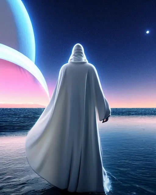 Image similar to a person wearing a white cloak that's blowing in the wind. they are standing in the water. a large planet with rings is visible in the sky. an album cover by stanley twardowicz, trending on cg society, retrofuturism, retrowave, chillwave, synthwave, 3 d render, unreal engine