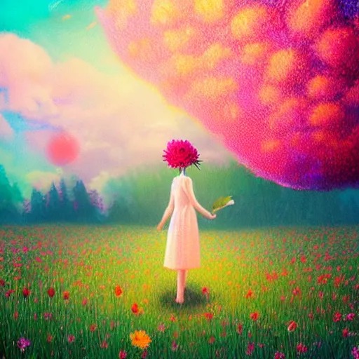 Prompt: girl with a enlarged up flower as a face, surreal photography, dream, standing in flower field, hills, big trees, sunrise dramatic light, impressionist painting, colorful clouds, digital painting, pointillism, artstation, simon stalenhag, flower face