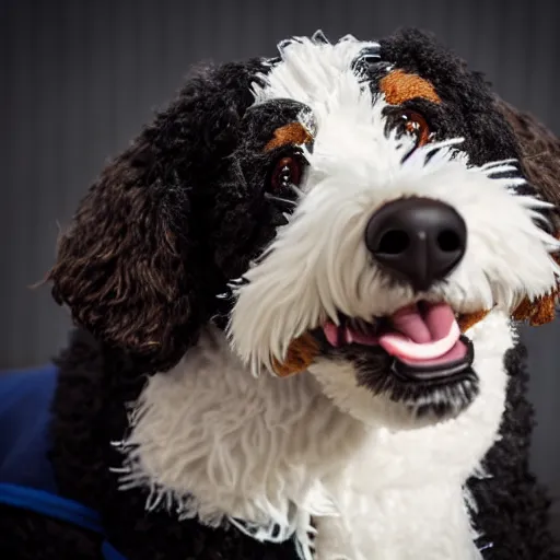 Prompt: a closeup photorealistic photograph of a cute smiling knitted bernedoodle judge dog dressed in a black gown and presiding over the courthouse. indoors, professional capture, well lit shot. this 4 k hd image is trending on artstation, featured on behance, well - rendered, extra crisp, features intricate detail, epic composition and the style of unreal engine.