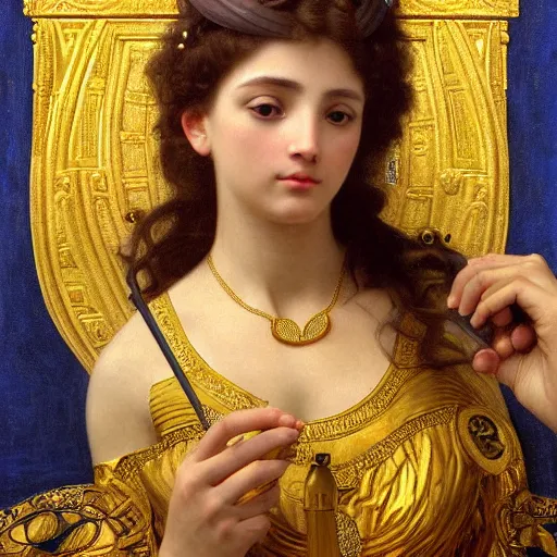 Prompt: painting portrait of Athena goddess, ancient greek culture, intricate, elegant, digital painting, smooth, sharp focus, shiny gold, realistic gold, realistic metal, by William-Adolphe Bouguereau and Gustav Klimt,