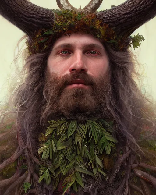 Image similar to forest druid with ram horns and leaves in his beard | highly detailed | very intricate | symmetrical | cinematic lighting | award - winning | closeup portrait | painted by donato giancola and mandy jurgens and charlie bowater | featured on artstation