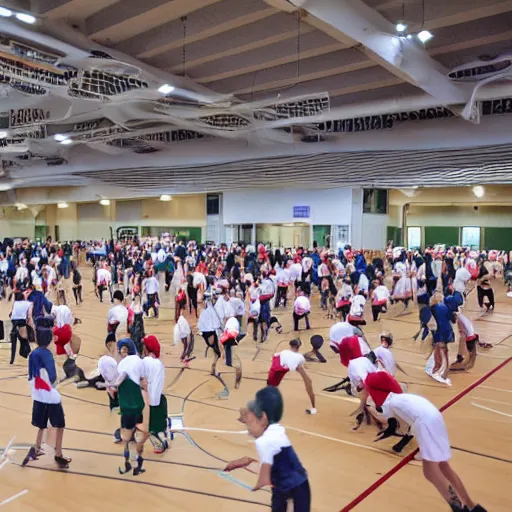 Prompt: crowded sports school hall