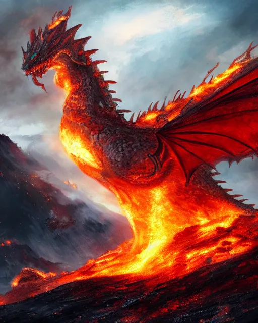 Image similar to giant fire dragon standing on a volcano, highly detailed, 4 k, hdr, award - winning, directed by zack snyder, trending on art station, matte, donato,