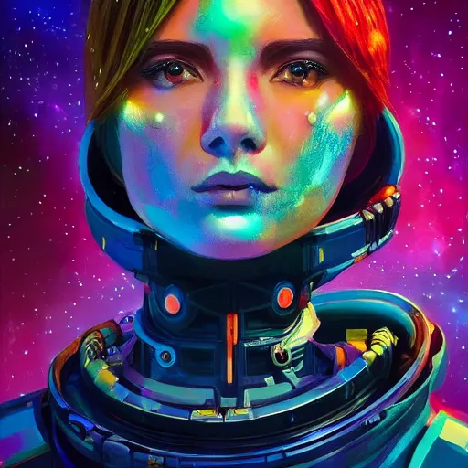 Prompt: colorful character portrait a woman in a space suit among the stars, set in the future 2 1 5 0, highly detailed face, very intricate, symmetrical, cinematic lighting, award - winning, painted by mandy jurgens, pan futurism, dystopian, bold colors, cyberpunk, groovy vibe, anime aesthetic, featured on artstation