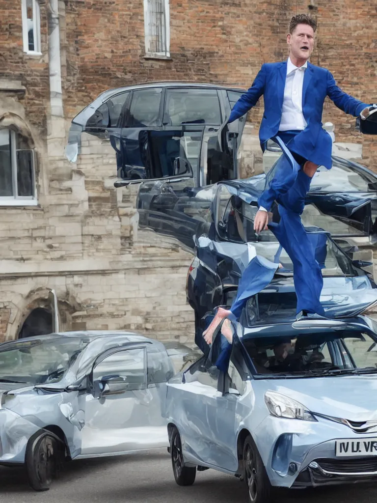 Image similar to Sir Kier Starmer wearing a blue suit jumping on top of a toyota yaris