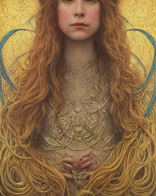 Image similar to matte painting portrait shot, beautiful mira sorvino, detailed and intricate by jean delville, gustave dore and marco mazzoni, art nouveau, symbolist, visionary, colourful, pre - raphaelite
