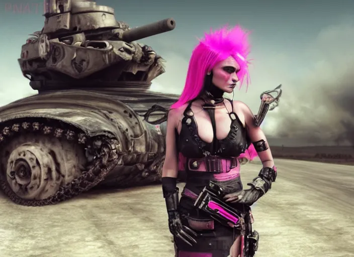 Image similar to beautiful apocalyptic woman with pink Mohawk, posing on mad max panzer tank, 4k ultra hd, fantasy dark art, artstation, octane render