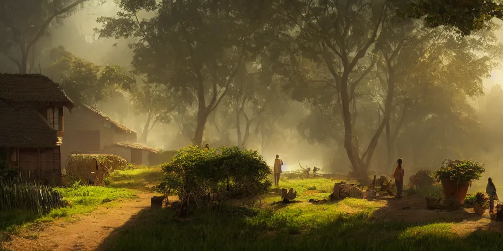 Image similar to kerala village countryside, beautiful dynamic lighting, cinematic, wide angle establishing shot, extremely high detail, photo realistic, cinematic lighting, post processed, concept art, artstation, matte painting, style by eddie mendoza, raphael lacoste, alex ross, volumetric lighting, light rays, photorealistic, ultrarealistic, moody, coronarender, 8k