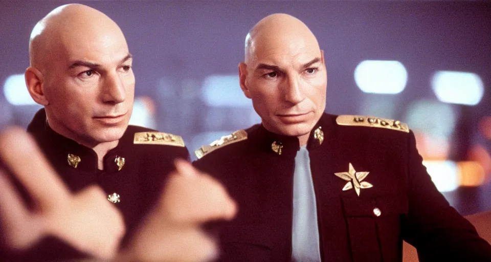 Prompt: portrait of 30-year-old Jean Luc Picard as junior officer, 1980s TV show on film, high contrast, dramatic colorful lighting