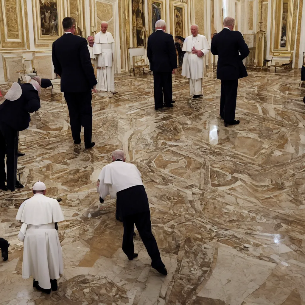 Image similar to Poopy pants joe Biden defecating in front of the pope in the Vatican award winning 35 millimeter photo by pete souza