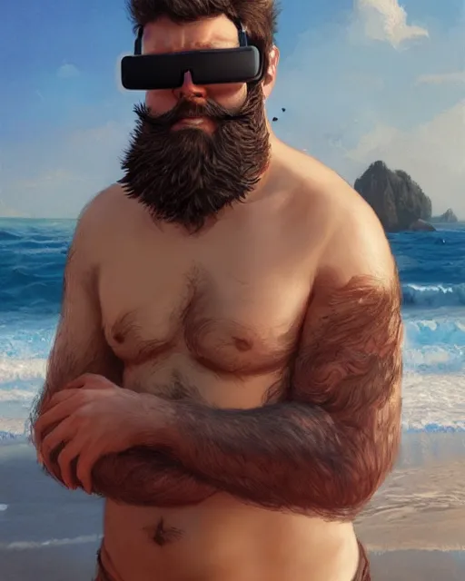 Prompt: a bearded man wearing a vr set, beach bar, real life skin, intricate, highly detailed, artstation, concept art, smooth, sharp focus, art by artgerm and greg rutkowski