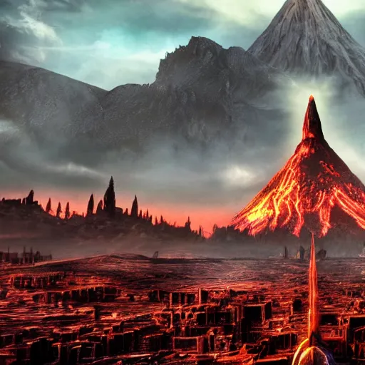 Prompt: mordor as a city, highly detailed, sharp focus, skyline, vast, gothic, lord of the rings, mount doom, 4 k, fantasy