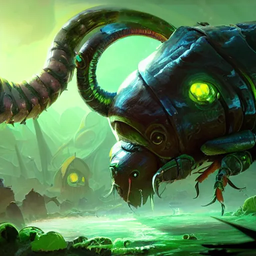 Image similar to a giant glowing worm beetle, worm monster, worm beetle, horned beetle, horned beetle, green theme, bright art masterpiece artstation. 8 k, sharp high quality artwork in style of jose daniel cabrera pena and greg rutkowski, concept art by tooth wu, blizzard warcraft artwork, hearthstone card game artwork, horned worm