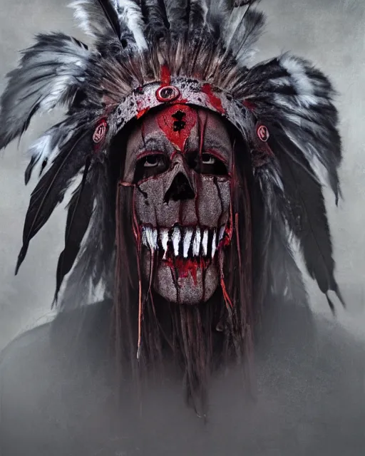 Image similar to the ghost - spirit of the grim - warpaint wears the scarlet skull armor and native blood headdress feathers, midnight fog - mist!, dark oil painting colors, realism, cinematic lighting, various refining methods, micro macro autofocus, ultra definition, award winning photo, photograph by ghostwave - gammell - giger - shadowlord