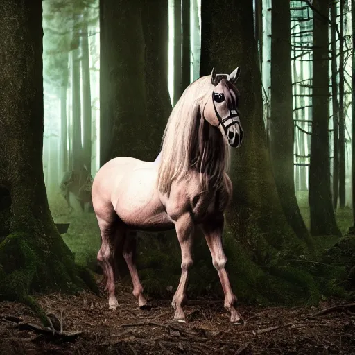 Image similar to centaur consisting of a horse and a human, featured on artstation, photograph captured in a dark forest