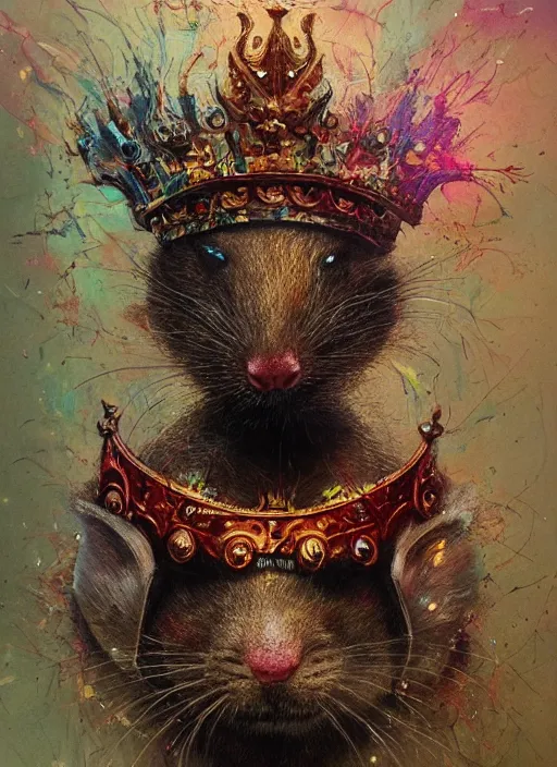 Prompt: a humanoid animal king mouse with a crown, atmospheric beautiful by stanley artgerm, tom bagshaw, arthur adams, carne griffiths, trending on deviant art, street art, chillwave, maximalist, full of color, glittering, 8 k, hd